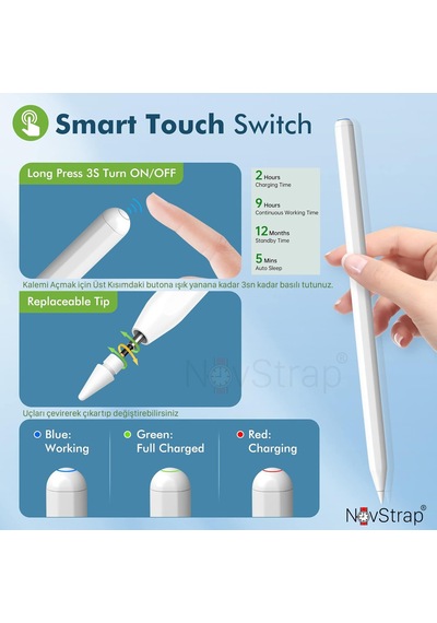 Novstrap Apple Uyumlu iPad  Pro 12.9 4/5/6/7 Nesil M4 İle Tablet Kalemi Pencil Avuç İçi Reddi Manyetik Şarj
