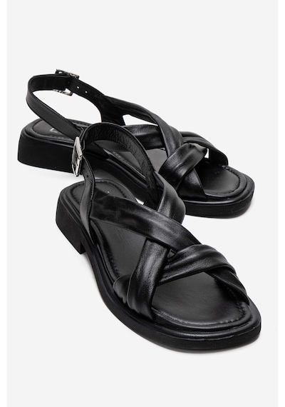 Luvishoes Frand Siyah Hakiki Deri Çapraz Bantlı Kadın Sandalet
