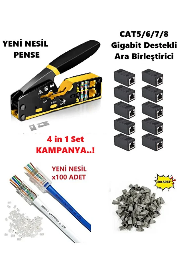 Yeni Nesil Cat5/6/7/8 Ez Rj45 8p8c Pense + 10 Adet Rj45 Birleştirici + 100 Adet Cover Kılıf + 100 Adet Rj45 Jak