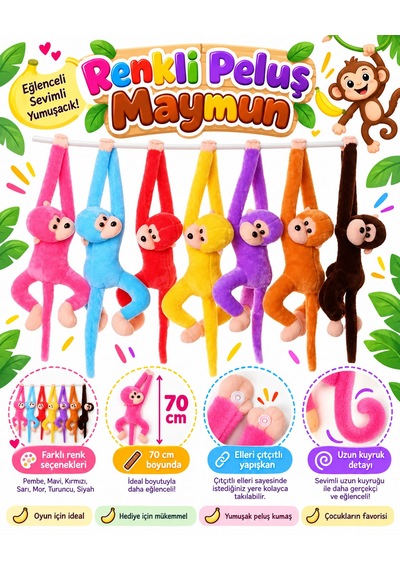 Oyuncak Peluş Maymun 3'lü Renkli Set Elleri Yapışabilen Sarılan Cırtlı Uyku Ve Oyun Arkadaşı Hediyelik Monkeysole 70 Cm Çok Renkli