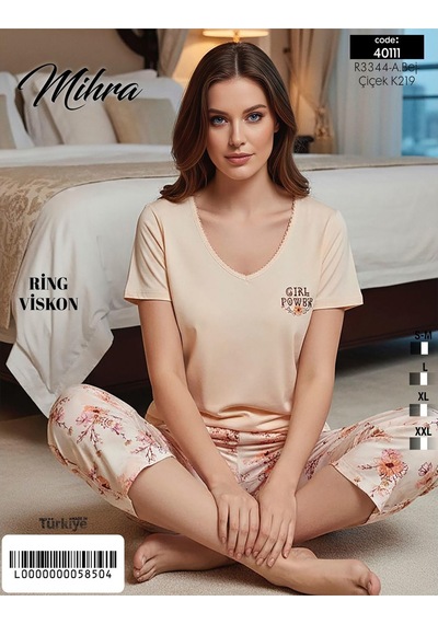 Mihra Kadın Viskon V Yaka Kısa Kol Kapri Likralı Pijama Takımı 40111be - 1 Adet Bej