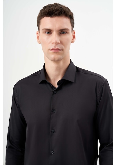 Morven Erkek Siyah Basic Düz Desen İtalyan Yaka Slim Fit Gömlek 25mc004001001 Siyah