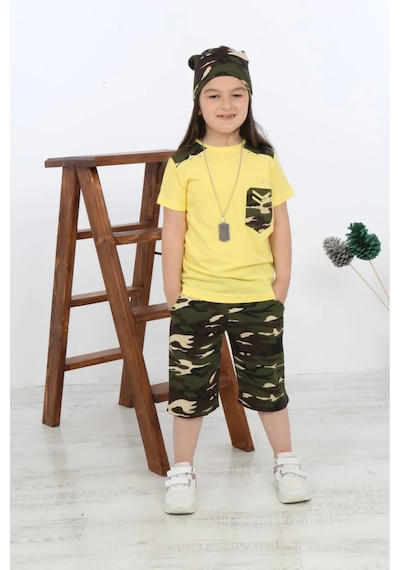Mavi Boncukk Unisex Çocuk Kamuflaj Desenli Tişört Kapri Ve Bere 3'lü Takım Sarı