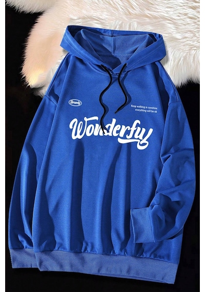 Wonderful Baskılı Oversize Sweatshirt Mavi