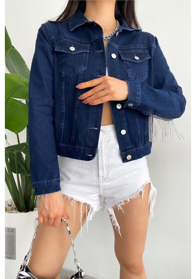 Femelle Kadın Sırtı Püsküllü Tasarım Denim Kot Ceket mavi