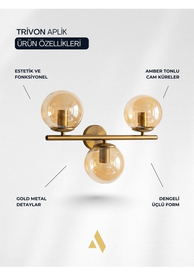 Trivon Üçlü Cam Aplik Beyaz & Bal Renk Seçenekli, Gold Metal Gövde Modern Duvar Aydınlatma Bal
