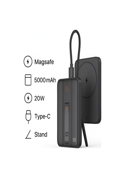 5000mah 20w Hızlı Şarj Dijital Gösterge Kablosuz Magsafe Powerbank Type-c Kablolu/girişli Standlı siyah