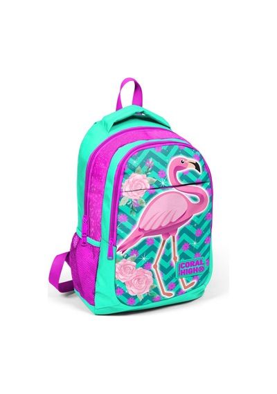 Coral High Kids Su Yeşili Pembe Simli Flamingo Desenli Usb'li 3 Lü Okul Çanta Seti Set0123411