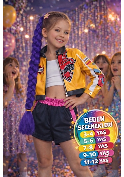 Toyfest İblis Avcıları K-pop Demon Hunters Rumi Cosplay Kostüm Seti Ceket Şort Mor Örgülü Saç 3 Parça Çok Renkli