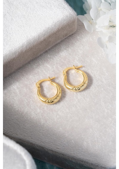 925 Ayar Gümüş Gold Rengi Minik Çizgili 15 Mm Şarnel Küpe Gold