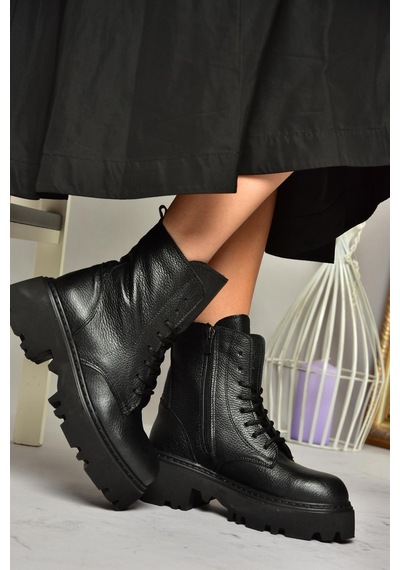Fox Shoes T380170003 Siyah Hakiki Deri Kalın Tabanlı Kadın Bot Siyah-hakiki Deri Siyah