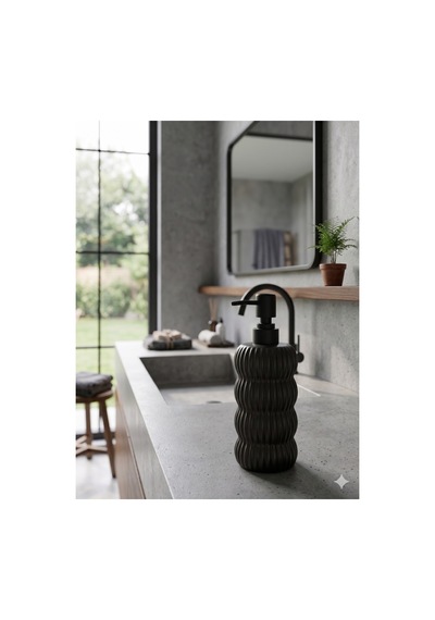 Dalgalı Seramik Mat Siyah Pompalı Sıvı Sabunluk - 400 Ml - 18 X 8 X 7 Cm