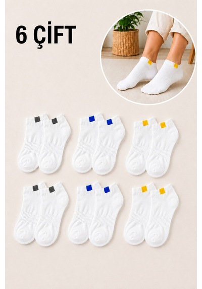 Worthy Socks 6'lı Unisex Lastik Kare Desenli Beyaz Patik Bilek Çorap Seti
