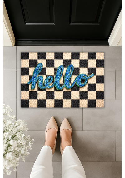 Rugmood Modern Dijital Baskı Paspas - Hello Yazılı Siyah Beyaz Kareli Şık Kapı Önü Paspası