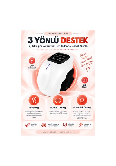 Şarjlı Isıtmalı Titreşimli Kırmızı Işıklı Led Ekranlı Diz Dirsek Omuz Uyumlu Masaj Aleti Beyaz