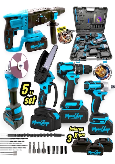 Moonshop SET005 Şarjlı Darbeli 5'li Set 2-26 Hilti 125 MM Taşlama + 13 MM Matkap 650NM Somun Sökme + Dal Budama Testere Mavi