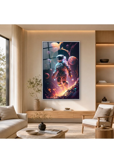 Gezegenler Arasında Işıklı Astronot Gümüş Çerçeveli Cam Tablo