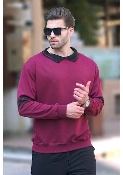 Madmext Bordo Polo Yaka Oversize Kolu Şeritli Erkek Sweatshirt 7048-bordo Bordo