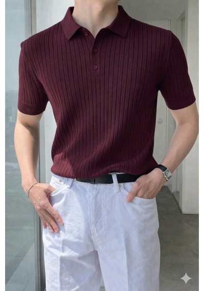 Cool Tarz Erkek Düğmeli Fitilli Triko Polo Tişört Slim Fit Bordo Bordo