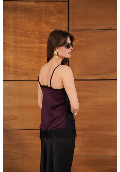 Verymoda Dantel Detaylı Askılı Saten Tunik - D2931 Mürdüm