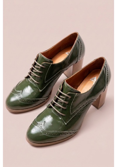 Analin Shoes Kadın Hakiki Deri Bağcıklı Oxford Topuklu Ayakkabı Yeşil