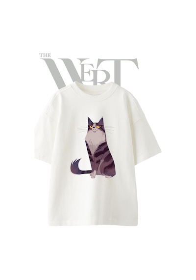 Thewert Kedi Karakter Tasarım Baskılı Ünisex Beyaz Oversize T-shirt