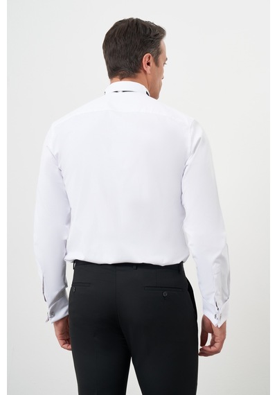 Morven Erkek Siyah Biyeli Düz Desen Ata Yaka Slim Fit Gömlek Siyah