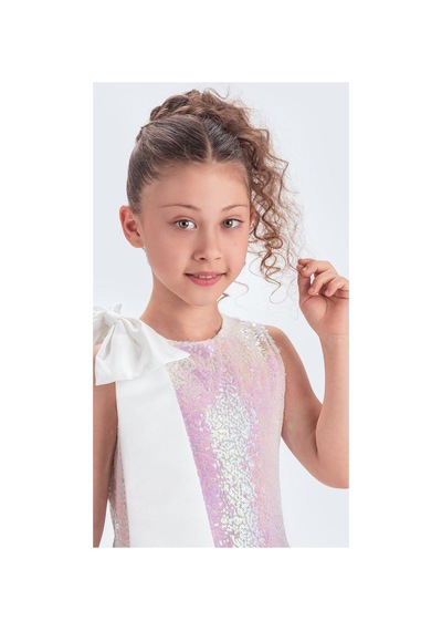 Mnk Baby & Kids Yaka Fiyonk Işıltılı Pul Payet Kumaş Kız Çocuk Abiye Elbise M00702 Ekru
