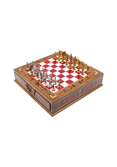 Saklamalı - 147 - Satranç Roma Oymalı Sc38s - 32cm, Kırmızı Tahta - Muratech - - Sc32k