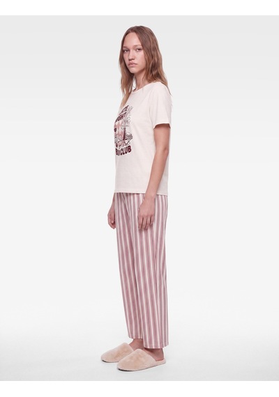 Koton Rahat Kesim Bisiklet Yaka Kısa Kollu Çizgili Pijama Takımı Ekru Desenli 7wlk40295mk