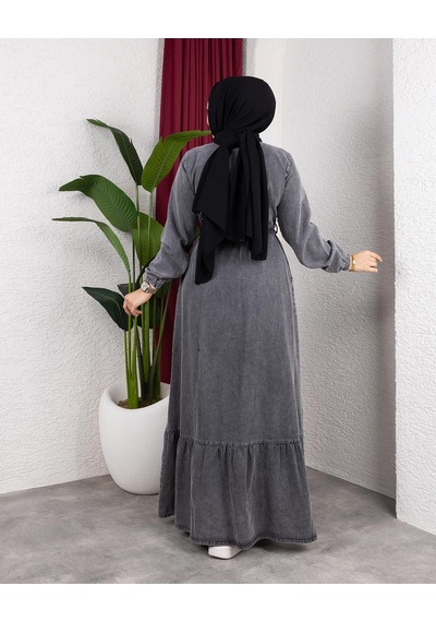 Hb Harma Time Butik Kadın Düğmeli Kuşaklı Denim Koyu Gri Kot Elbise
