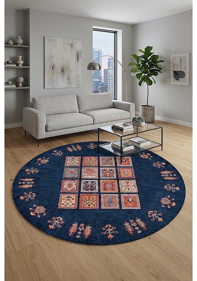 Frenda Home Binbirgece Pamuk Taban Yıkanabilir Dijital Baskılı Yuvarlak Halı Lacivert
