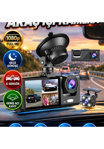 3 Kameralı 1080p Full Hd Araç İçi Kamera 5 İnç Lcd Ekran, G-sensör Ve Gece Görüşü