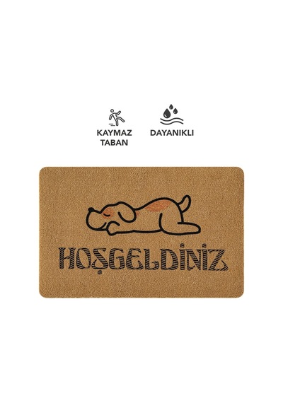 Coco Entry Ps028a Köpekli Hoşgeldiniz Desen Kalın Kaymaz Taban Nem Alıcı Şık Kapı Önü Paspası Hardal