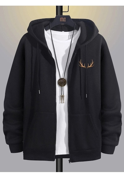 Boynuz Fermuarlı Hırka Sweatshirt - Siyah Baskılı Oversize Kışlık Kalın Kapüşonlu Siyah-80854
