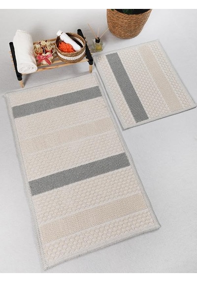 Naturel Pamuklu Kilim Yıkanabilir Banyo Paspası Seti 2'li Klozet Takımı 60x100-50x60cm 7021 Bej Diğer