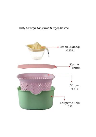Tasty 5 Prç. Çok Amaçlı Karıştırma Kabı Süzgeç Kesme Tahtası Hazırlık Seti Yeşil