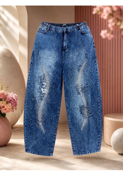 Büyük Beden Denim Beli Lastikli Taşlı Yırtık Detaylı Bol Kesim Kadın Pantolon Mavi