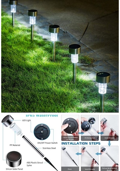 20'li Metal Gövdeli Beyaz Ledli Solar Güneş Enerjili Bahçe Lambası 30 Cm Saplama Gümüş