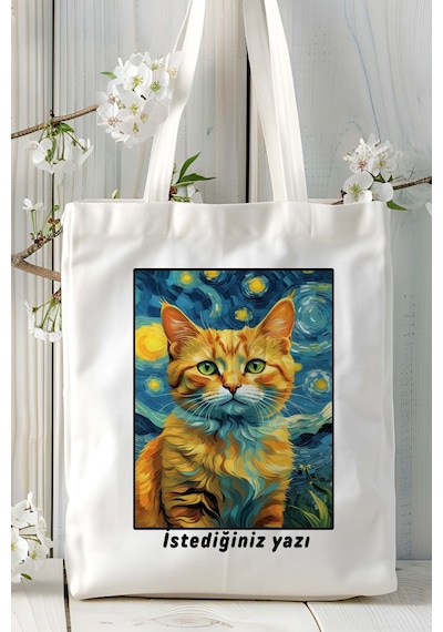 Art Hediye Kedi Baskılı Bez Çanta Omuz Çantası Kişiye Özel Model 3 Çok Renkli