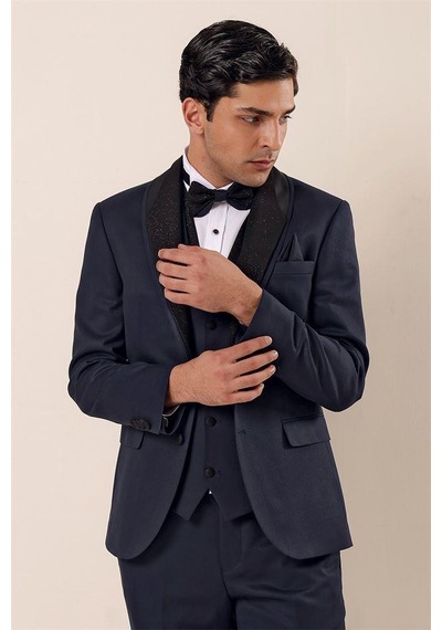 İmza Koyu Lacivert Desenli Çıkarılabilir Şal Yaka Yelekli 6 Drop Slim Fit Smokin Damatlık Takım 1001230204-Lacivert