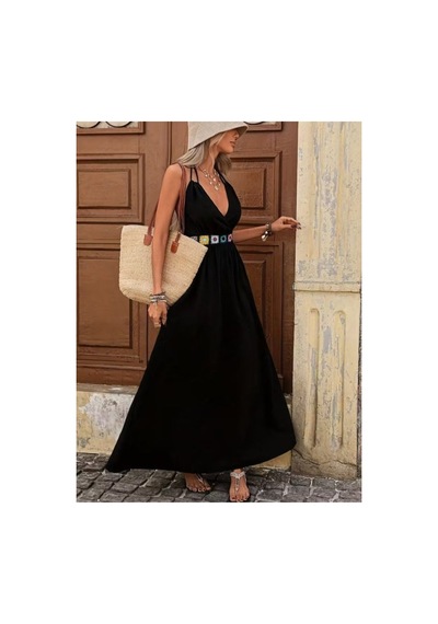 Butik İstanbul Kadın Askılı Kruvaze Yakalı Belden Etnik Desenli Uzun Viskon Elbise Siyah