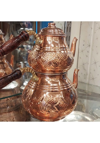 Bakır Çaydanlık El Işlemesi Dövmesi Nakışlı Gümüş Bakır Çaydanlık Bakır