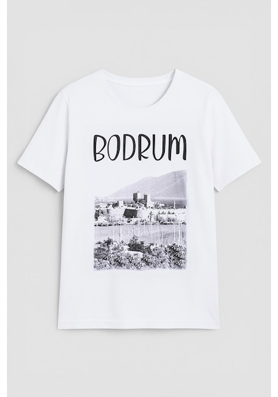 Kadın Bisiklet Yaka %100 Pamuk Bodrum Baskılı Kısa Kollu T-shirt