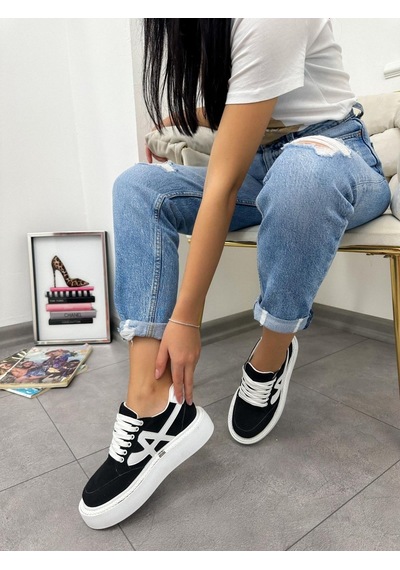 Erva'nın Butiği Siyah Beyaz Tig Kadın Bağcıklı Sneakers-4890 Siyah Beyaz Süet