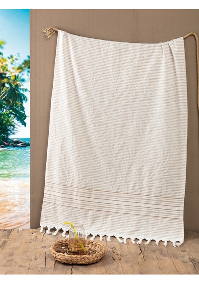 %100 Pamuk Jakarlı Peştemal - 90x170 Cm Büyük Boy Saçaklı Yazlık Banyo Havlusu - Bej Bej