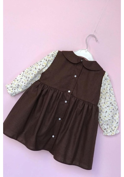 Bebe Yaka Pileli Çiçekli Kahve Kız Çocuk Bebek Elbise 001