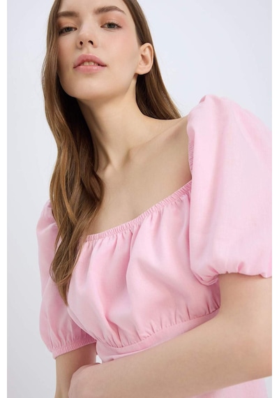 Defacto Kare Yaka Keten Karışımlı Kısa Kollu Mini Elbise D8272ax25smpn663 Pembe-pn663