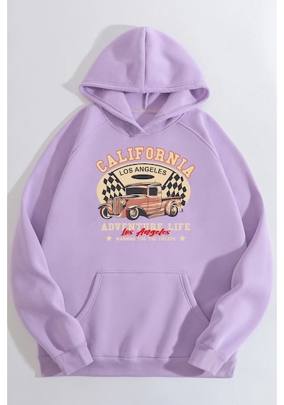 Uyguntarz Unisex California Baskılı Kapüşonlu Sweatshirt Lila