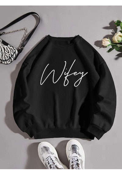 Wiley Baskılı Sweatshirt - Siyah Bisiklet Yaka Oversize Tasarım Trend Siyah
